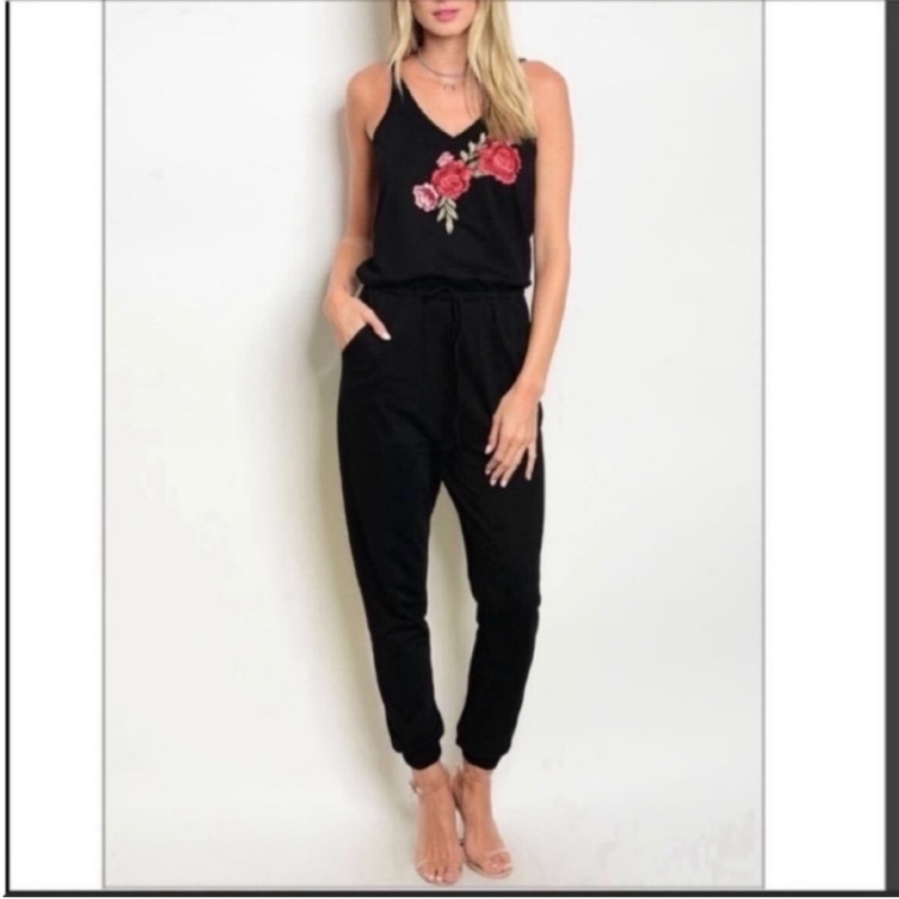 Floral Embroidered Black Jumpsuit